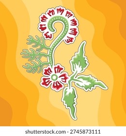 Traditional Indonesian Banyuwangi Batik element called Gajah Oling. Flat design 2D vector illustration of ethnic floral motif on vibrant yellow abstract wavy background.