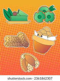 Traditional Indonesian cake sticker set and illustration, set and collection of Indonesian traditional cake with vintage color and halftone background effect.