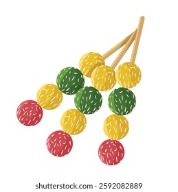 Traditional Indonesian Klepon Satay, a sweet treat made of rice flour balls in vibrant colors, skewered and covered with coconut flakes.