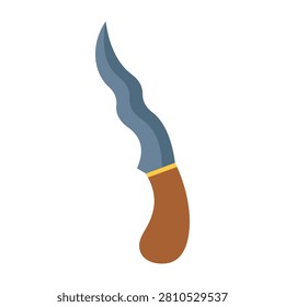 A traditional Indonesian kris dagger featuring a distinct wavy blade and a simple wooden handle. This cultural weapon is isolated on a white background for use.