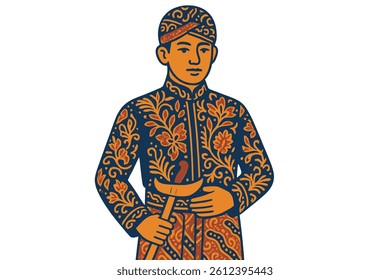 A traditional Indonesian man is depicted wearing intricate batik clothing, featuring a flat design style in vibrant colors, as a vector illustration