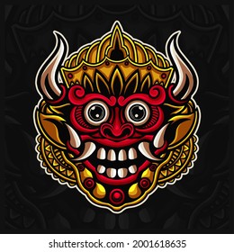 Traditional Indonesian Mask Barong mascot esport logo design illustrations vector template, Balinese mask logo for team game streamer youtuber banner twitch discord, handrawn vector style