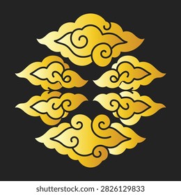 Traditional Indonesian Mega Mendung cloud motif rendered in smooth gold gradient outlines isolated on a dark background. Perfect for luxury batik textile designs, oriental cultural posters, Cirebon heritage graphics, and modern Asian branding.