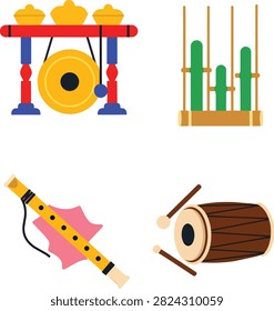 Traditional Indonesian Musical Instruments Vector Icon Set Collection