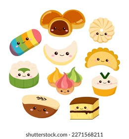 Traditional Indonesian street food cake collection. Flat vector cartoon design