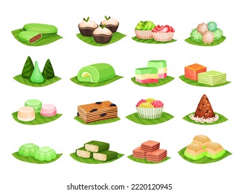 Traditional Indonesian Sweet Food and Treat Served on Green Leaf Big Vector Set