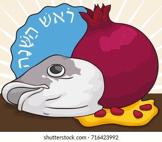 Traditional ingredients to make a delicious dish for Jewish New Year (or Rosh Hashanah, written in Hebrew): fish head, pomegranate with seeds and honey.