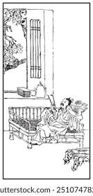 A traditional ink drawing depicts a person lounging on a wooden bench with a book, set in an elegant interior adorned with a tall window and intricate furnishings.