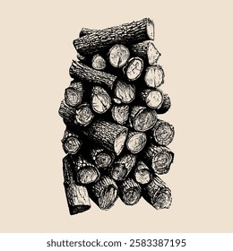 A traditional ink-style drawing of a pile of tree logs, arranged for firewood storage with a rustic touch.