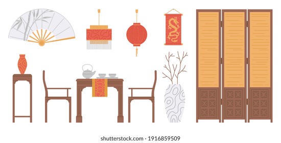 Traditional interior chinese restaurant. Deserted cafe in asian style with wooden furniture served for tea ceremony, lanterns and decor in red and gold colors. Vector illustration.