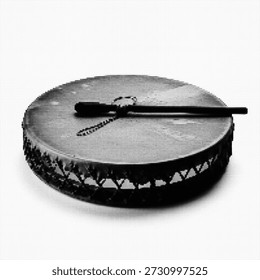 Traditional Inuit Frame Drum and Mallet Illustration Black and White Halftone Dotted Arctic Percussion Instrument, Indigenous Cultural Music Icon Isolated on White Background