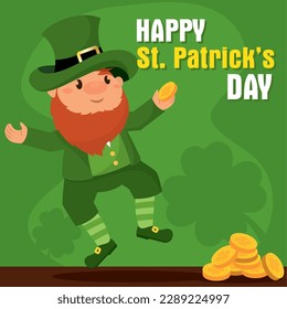 Traditional irish elf with clothes and pile of golden coins Patrick day Vector