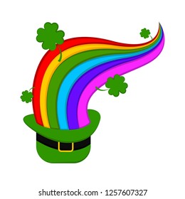 Traditional irish hat with a rainbow and clovers. Vector illustration design