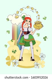A traditional Irish holiday for St. Patrick's Day. March 17. Festival of holiday characters and symbols: rainbow, shamrock, gold, green. Isolated vector image for creating greeting cards, invitations,