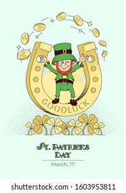 A traditional Irish holiday for St. Patrick's Day. March 17, the dwarf juggles with coins. Festival of holiday characters and symbols: rainbow, shamrock, gold, leprechaun in a green suit. Isolated vec