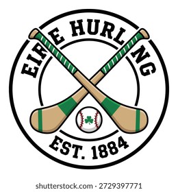 Traditional Irish hurling logo featuring crossed hurleys and sliotar ball with clover, sport heritage emblem design