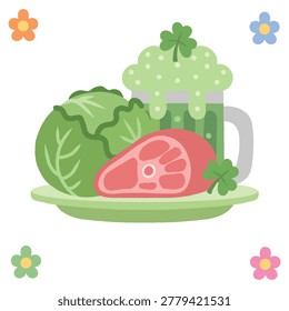 Traditional irish meal with corned beef cabbage and green beer for st patricks day dinner. Hand drawn.