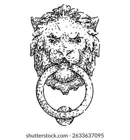 traditional iron door knocker hand drawn. handcrafted unique, heavy durable, elegant gothic traditional iron door knocker vector sketch. isolated black illustration