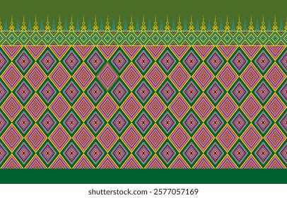 Traditional Isan woven fabric pattern with intricate details, featuring vibrant colors in green, yellow, purple, and red. A combination of geometric motifs and tribal designs, perfect for backgrounds,