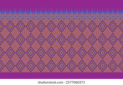 Traditional Isan woven fabric pattern with intricate details, featuring vibrant colors in purple, blue, yellow, and green. A combination of geometric motifs and tribal designs, perfect for backgrounds