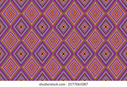 Traditional Isan woven fabric pattern with intricate details, featuring vibrant colors in purple, blue, yellow, and green. A combination of geometric motifs and tribal designs, perfect for backgrounds