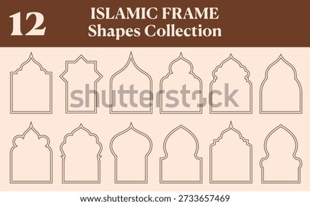 Traditional Islamic arch frame shapes collection displayed as outline vector elements on a beige background with copy space for Ramadan and Eid design resources.