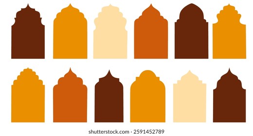 Traditional islamic arches shapes. Set of silhouette eid mubarak decorative arches, mosque borders or moroccan gates. Arabic muslim architecture design elements, ramadan frames in oriental style.