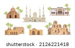 Traditional Islamic buildings flat vector illustrations set. Old or ancient castles in desert or street, shop or market buildings, heritage of Africa isolated on white background. Architecture concept