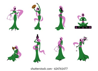 Traditional islamic culture women set with muslim girls wearing green dress and pink scarf in different situations isolated vector illustration