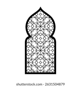 Tradicional ventana de arco decorativo islámico o puerta de puerta con estilo árabe arabesco oriental. Marco de Ramadán negro con patrón geométrico. Elemento de diseño de Vector de arquitectura de mezquita musulmana de Antiguas