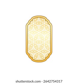 Traditional Islamic decorative window arch frame with Arabic arabesque pattern in oriental style. Golden Ramadan, Eid Mubarak shiny vector design element. Vintage Muslim mosque architecture