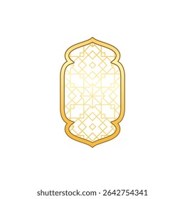 Tradicional islâmico decorativo janela arco quadro com arabesco arabesco ornamento árabe em estilo oriental. Elemento de design de vetor brilhante dourado do Ramadã. Arquitetura da mesquita muçulmana vintage com padrão geométrico