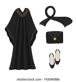 Traditional islamic dress. Muslim women clothe. Emirates abaya. Hijab religious dress. Fashion arabic lookbook.