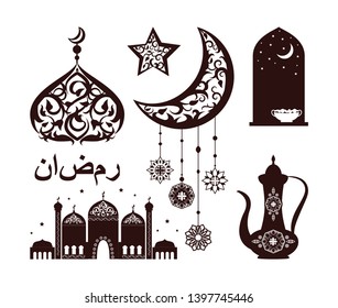 Traditional islamic elements, ornamented crescent moon with curved lines and flowers hanging on threats, mosque window isolated on vector illustration