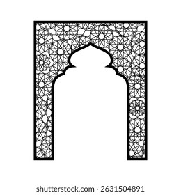 Traditional Islamic gate shape with beautiful arabesque pattern in oriental style. Ramadan frame. Black Eid Mubarak decorative arch. Vintage Arabic Muslim mosque architecture vector design element