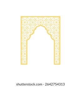 Traditional Islamic gate shape with beautiful arabesque pattern in oriental style. Ramadan frame. Golden Eid Mubarak decorative arch. Vintage Arabic Muslim mosque architecture vector design element