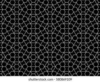 Traditional Islamic geometric lattice pattern - seamless editable repeating vector background (white lattice on black background)