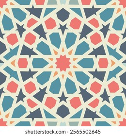 A traditional Islamic geometric pattern featuring repeating star shapes and polygonal forms in blue, orange, and beige tones. Seamless pattern.