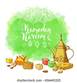 Traditional islamic Halal food. Vector watercolor background. Eastern sweets. Ink hand drawn inscription Ramadan Kareem. Brush lettering. Calligraphy. Arabic lanterns.