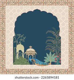 Traditional Islamic Mughal garden arch, palace with peacock illustration frame for wedding invite - Shutterstock ID 2265894181