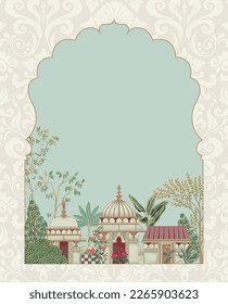 Traditional Islamic Mughal garden arch, palace with peacock illustration frame for Invitation print - Shutterstock ID 2265903623