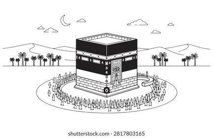 Traditional Islamic pilgrimage scene, Kaaba building, desert oasis, palm trees, crescent moon, holy journey, sacred site, faith, unity.