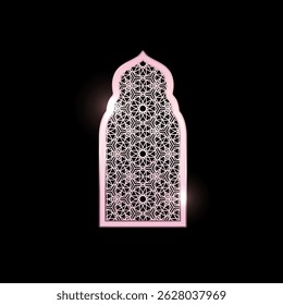 Traditional Islamic Ramadan shiny pink silver window or gate arch frame with Arabic arabesque pattern oriental style. Eid Mubarak decorative element. Vintage Muslim mosque architecture vector design