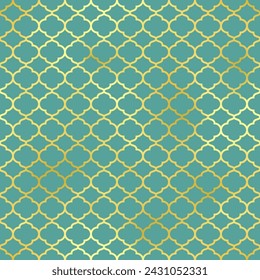 Traditional Islamic seamless pattern. Green and gold Turkish background. Mosque window golden gradient grid mosaic texture.