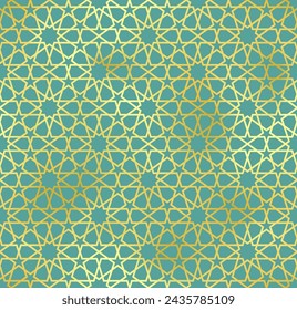 Traditional Islamic seamless pattern. Shiny gold and green Turkish background. Mosque window golden gradient grid mosaic texture.