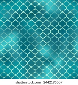 Traditional Islamic seamless pattern. Shiny green Turkish background. Mosque window gradient grid mosaic texture.