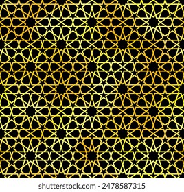 Traditional Islamic seamless pattern. Shiny gold and black Turkish background. Mosque window golden gradient grid mosaic texture