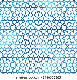 Traditional Islamic seamless pattern. Shiny blue and white Turkish background. Mosque window foil gradient grid mosaic texture