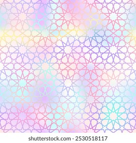 Traditional Islamic seamless pattern. Shiny rainbow holographic Turkish background. Mosque window foil gradient grid mosaic texture.