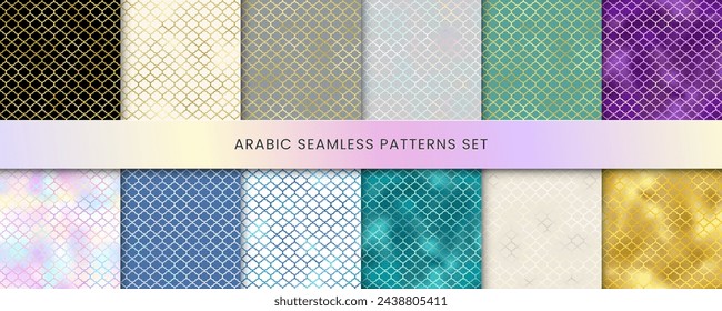 Traditional Islamic seamless patterns set. Green, gold, blue, white, holographic Turkish backgrounds. Mosque window golden gradient grid mosaic texture.